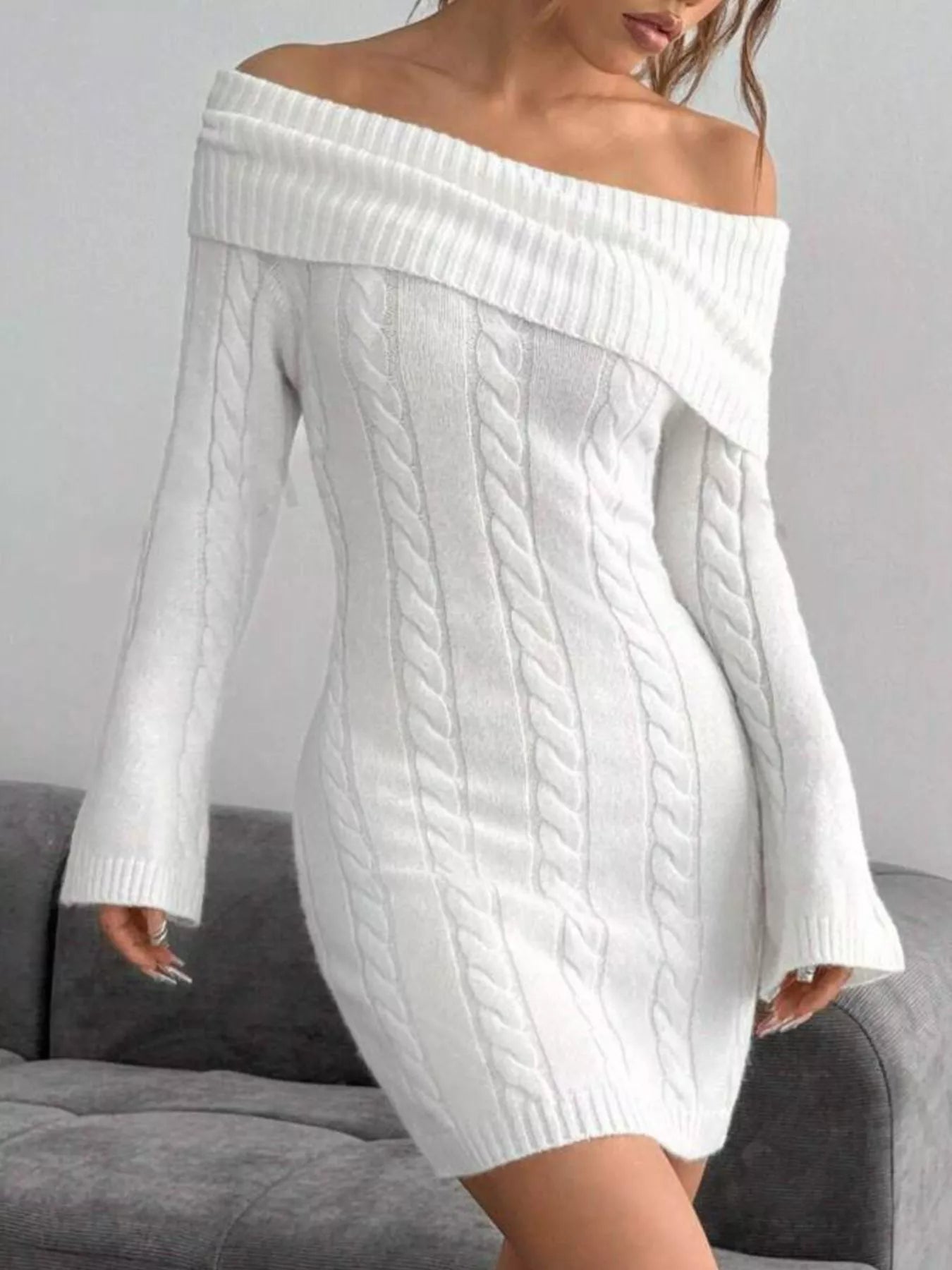 Off-Shoulder Cable Knit Bodycon Sweater Dress