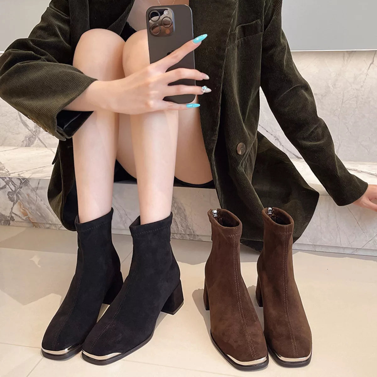 Square Toe Block Heels Boots