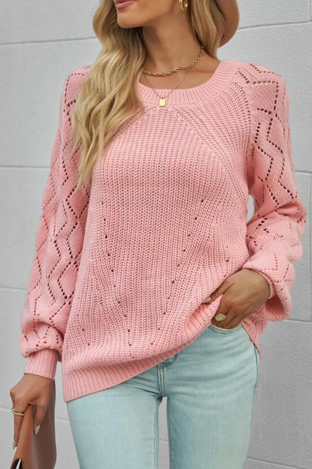 Hollow-Out Puffy Sleeve Knit Sweater